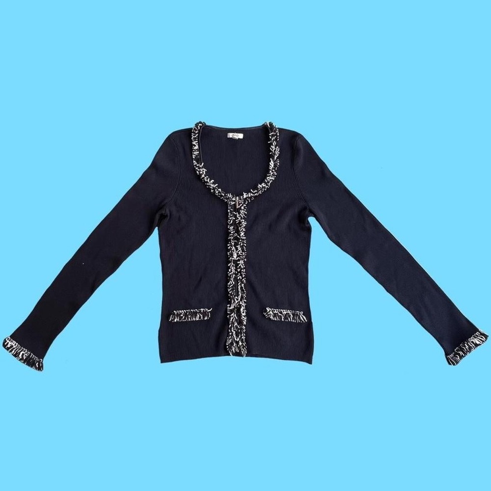 Woman sweater V neck zip up rubbed stretch fringe trim cardigan size L